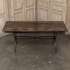 Country French Hand Forged Iron Dining Table With Antique Oak Top