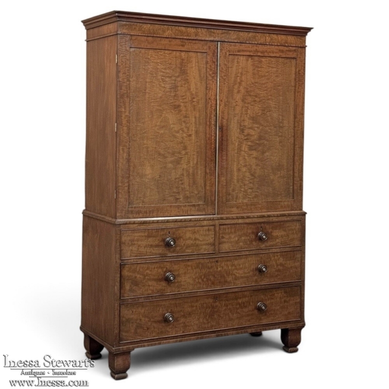 19th Century English Figured Walnut Linen Press ~ Wardrobe