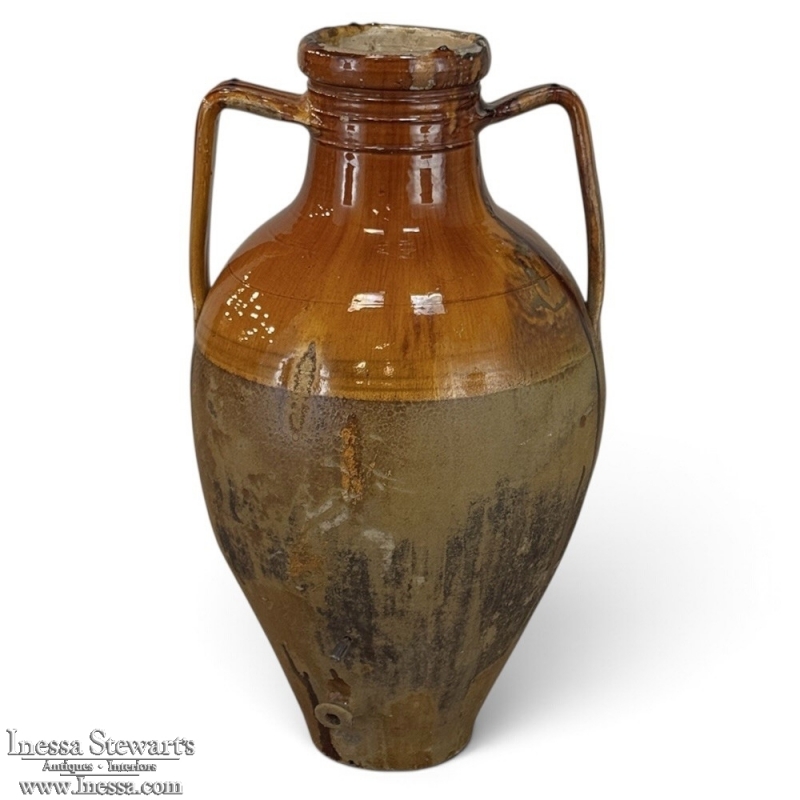 Antique Italian Glazed Terracotta Olive Oil Jar with Spout