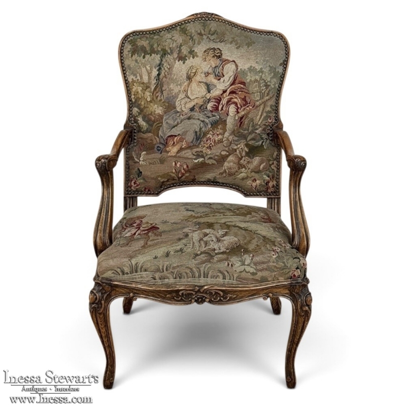 Antique French Louis XV Walnut Needlepoint Armchair ~ Fauteuil