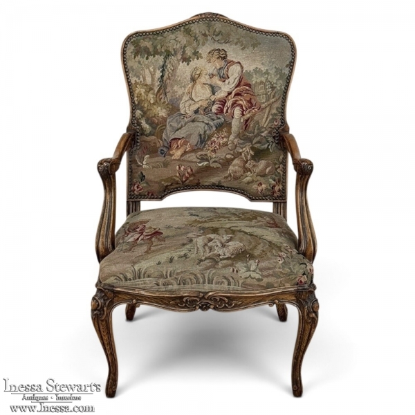 Antique French Louis XV Walnut Needlepoint Armchair ~ Fauteuil