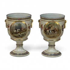Pair Antique Belgian P&ecirc;tre &Agrave; Baudour Neoclassical Porcelain Hunt Scene Urns