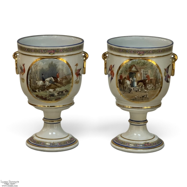 Pair Antique Belgian P&ecirc;tre &Agrave; Baudour Neoclassical Porcelain Hunt Scene Urns