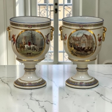 Pair Antique Belgian Pêtre À Baudour Neoclassical Porcelain Hunt Scene Urns