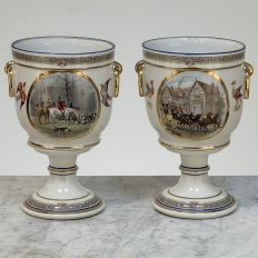 Pair Antique Belgian Pêtre À Baudour Neoclassical Porcelain Hunt Scene Urns