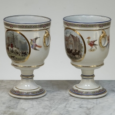 Pair Antique Belgian Pêtre À Baudour Neoclassical Porcelain Hunt Scene Urns
