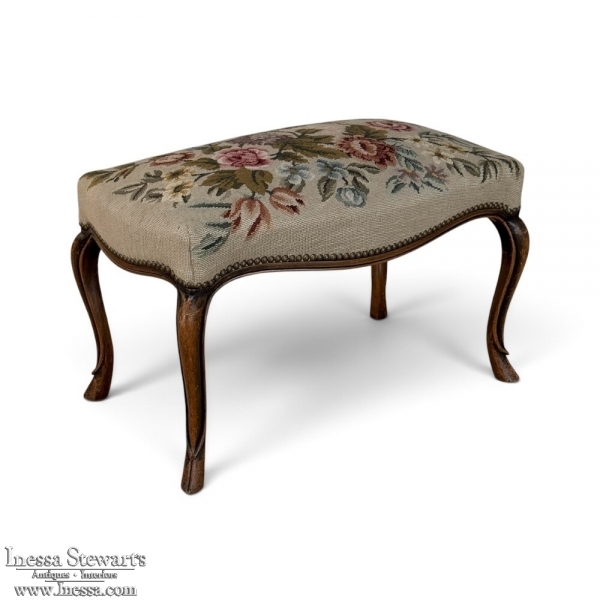 Antique Louis XV Walnut Footstool with Floral Needlepoint Upholstery