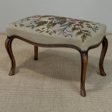 Antique Louis XV Walnut Footstool with Floral Needlepoint Upholstery