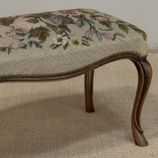 Antique Louis XV Walnut Footstool with Floral Needlepoint Upholstery