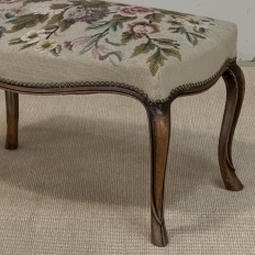 Antique Louis XV Walnut Footstool with Floral Needlepoint Upholstery