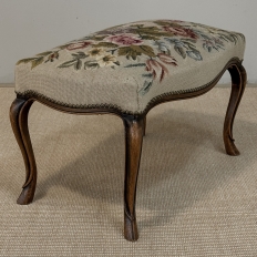 Antique Louis XV Walnut Footstool with Floral Needlepoint Upholstery