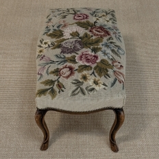 Antique Louis XV Walnut Footstool with Floral Needlepoint Upholstery