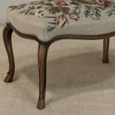 Antique Louis XV Walnut Footstool with Floral Needlepoint Upholstery