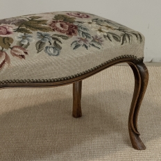 Antique Louis XV Walnut Footstool with Floral Needlepoint Upholstery