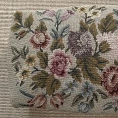 Antique Louis XV Walnut Footstool with Floral Needlepoint Upholstery