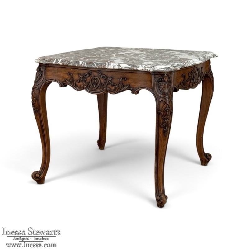 Antique French Régence Style Carved Oak Sainte Anne Marble End Table