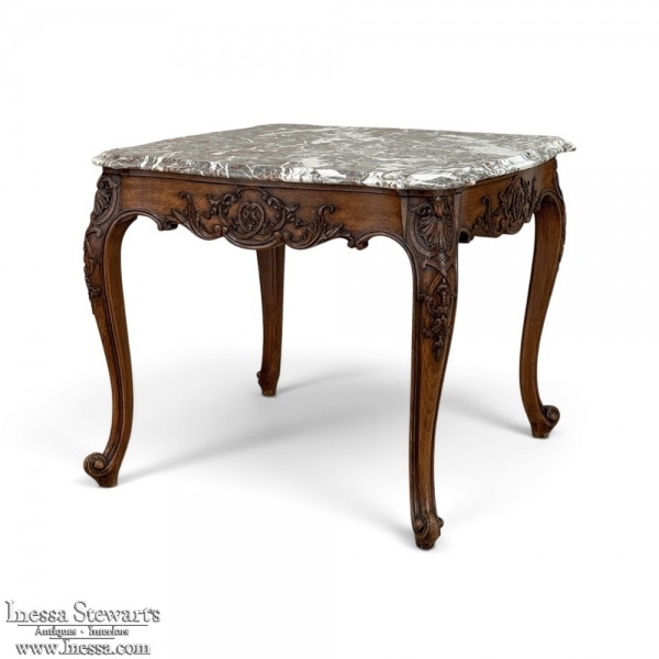 Antique French R&eacute;gence Style Carved Oak Sainte Anne Marble End Table