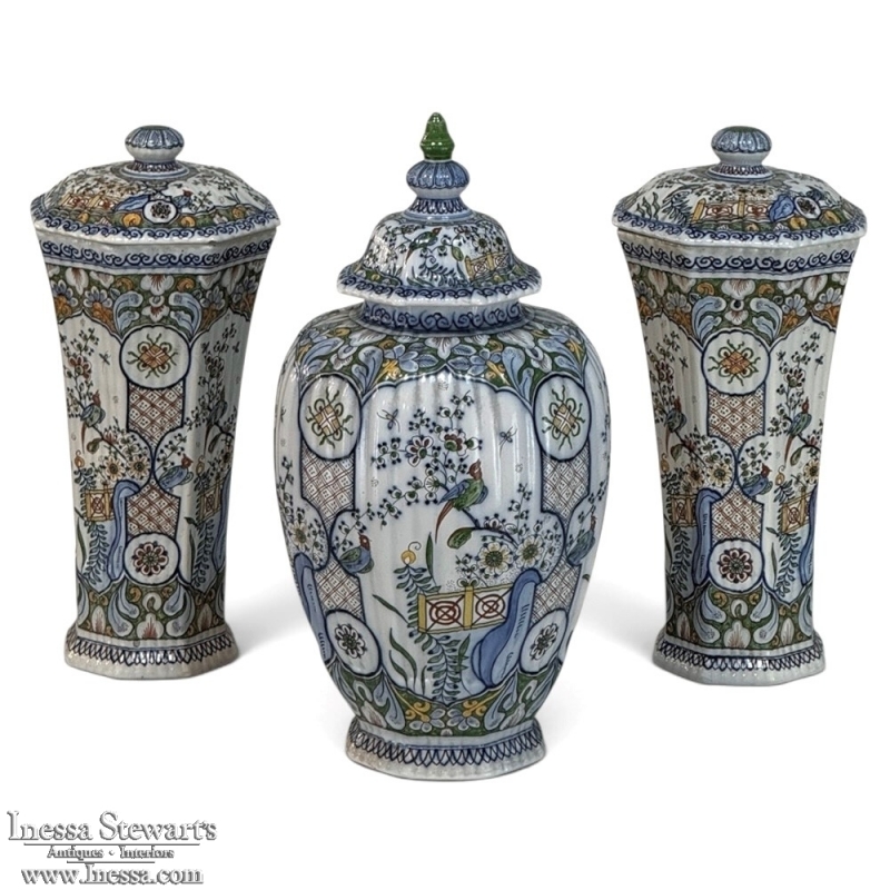 Set of Three Antique Boch Frères Keramis Hand-Painted Lidded Vases