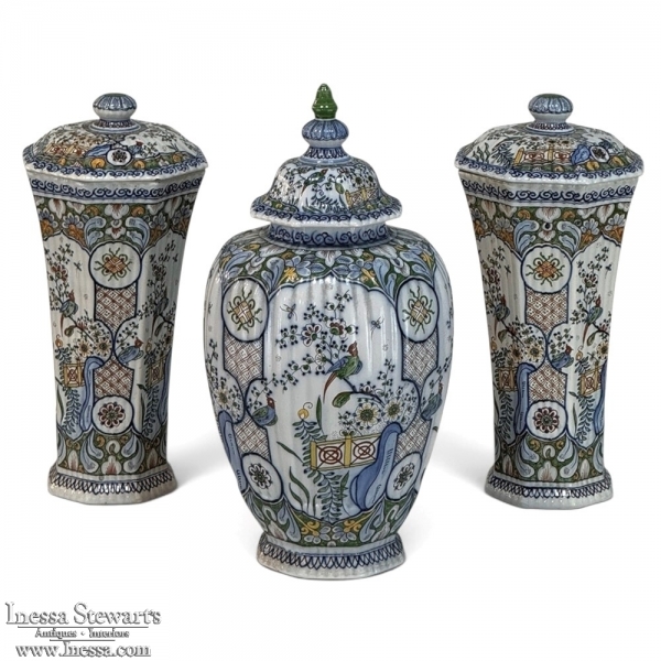 Set of Three Antique Boch Fr&egrave;res Keramis Hand-Painted Lidded Vases