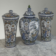 Set of Three Antique Boch Frères Keramis Hand-Painted Lidded Vases
