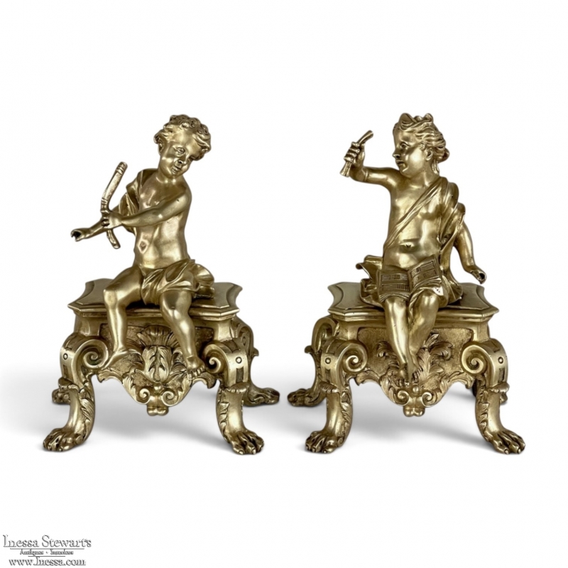 Pair 19th Century French Napoleon III Period Bronze Dore Andirons ~ Bookends