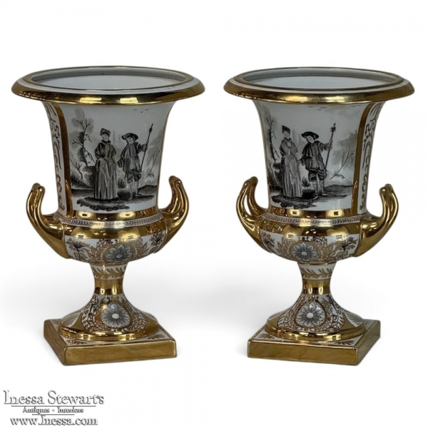 Pair Antique Ritzenhoff & Breker Neoclassical Porcelain Mantel Vases