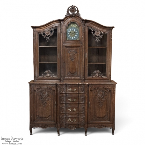 Antique Liegeois Regence Style Two-Tiered Oak Display Buffet with Clock