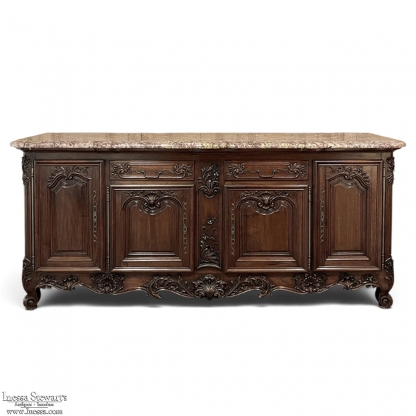 Grand Antique French Walnut Louis XIV Marble Top Buffet ~ Sideboard
