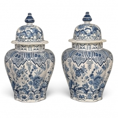 Pair of 19th Century Hand Painted Dutch Blue & White Delft Covered Vases ~ Urns