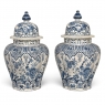 Pair of 19th Century Hand Painted Dutch Blue & White Delft Covered Vases ~ Urns