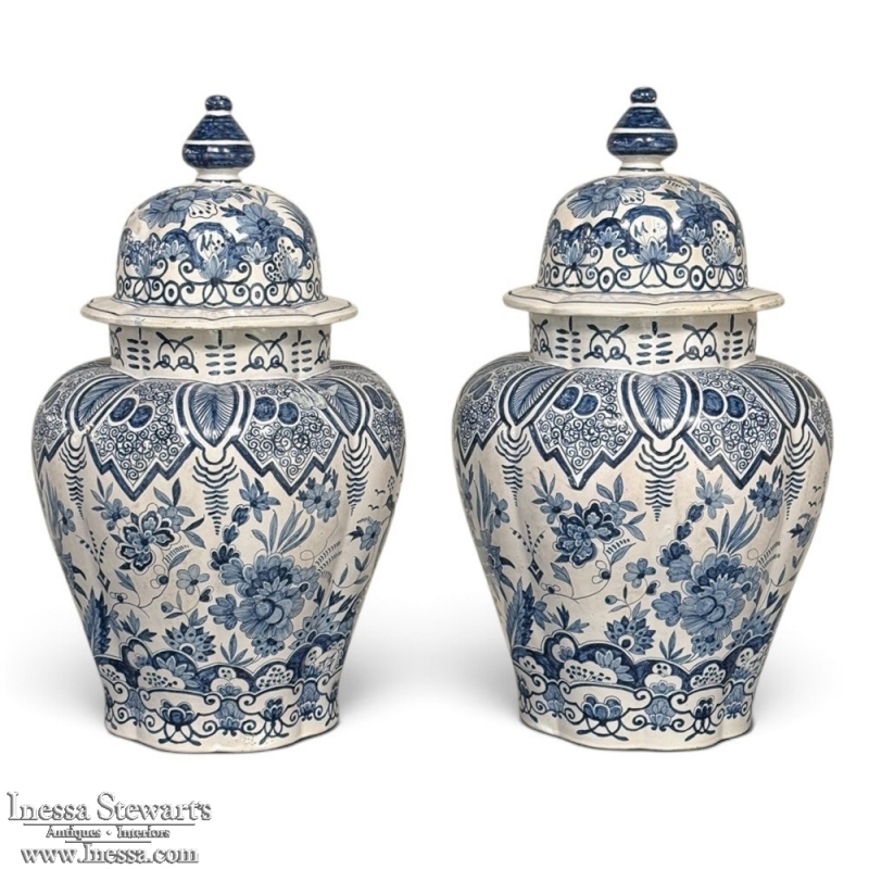Pair of 19th Century Hand Painted Dutch Blue & White Delft Covered Vases ~ Urns