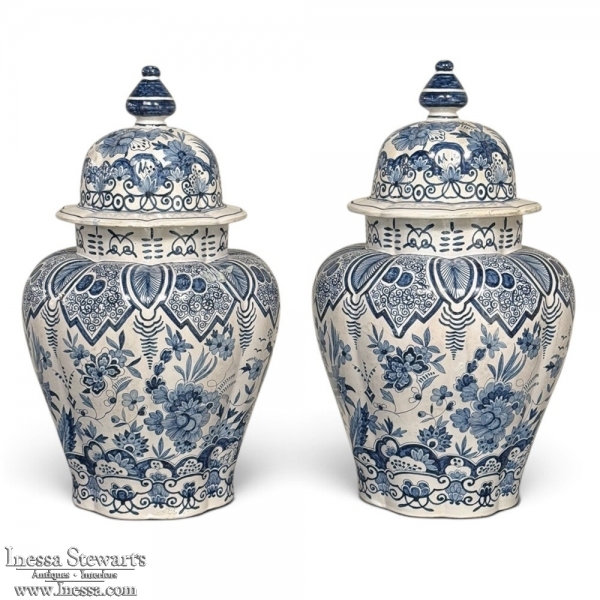 Pair of 19th Century Hand Painted Dutch Blue & White Delft Covered Vases ~ Urns