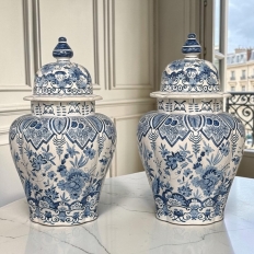 Pair of 19th Century Hand Painted Dutch Blue & White Delft Covered Vases ~ Urns