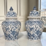 Pair of 19th Century Hand Painted Dutch Blue & White Delft Covered Vases ~ Urns