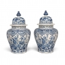 Pair of 19th Century Hand Painted Dutch Blue & White Delft Covered Vases ~ Urns