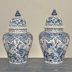 Pair of 19th Century Hand Painted Dutch Blue & White Delft Covered Vases ~ Urns