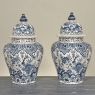Pair of 19th Century Hand Painted Dutch Blue & White Delft Covered Vases ~ Urns