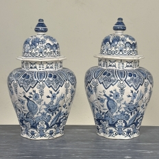 Pair of 19th Century Hand Painted Dutch Blue & White Delft Covered Vases ~ Urns
