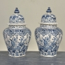 Pair of 19th Century Hand Painted Dutch Blue & White Delft Covered Vases ~ Urns