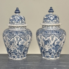 Pair of 19th Century Hand Painted Dutch Blue & White Delft Covered Vases ~ Urns