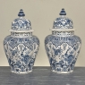Pair of 19th Century Hand Painted Dutch Blue & White Delft Covered Vases ~ Urns