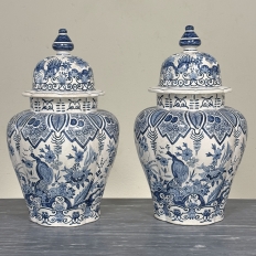 Pair of 19th Century Hand Painted Dutch Blue & White Delft Covered Vases ~ Urns