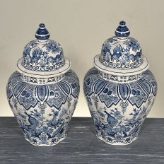 Pair of 19th Century Hand Painted Dutch Blue & White Delft Covered Vases ~ Urns