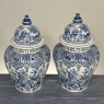 Pair of 19th Century Hand Painted Dutch Blue & White Delft Covered Vases ~ Urns