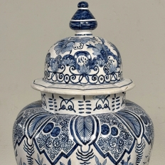 Pair of 19th Century Hand Painted Dutch Blue & White Delft Covered Vases ~ Urns