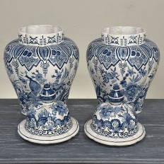 Pair of 19th Century Hand Painted Dutch Blue & White Delft Covered Vases ~ Urns