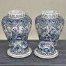 Pair of 19th Century Hand Painted Dutch Blue & White Delft Covered Vases ~ Urns