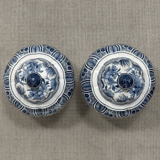 Pair of 19th Century Hand Painted Dutch Blue & White Delft Covered Vases ~ Urns