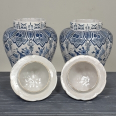 Pair of 19th Century Hand Painted Dutch Blue & White Delft Covered Vases ~ Urns