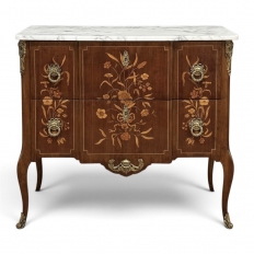 Antique French Louis XVI Style Marquetry Marble Top Commode